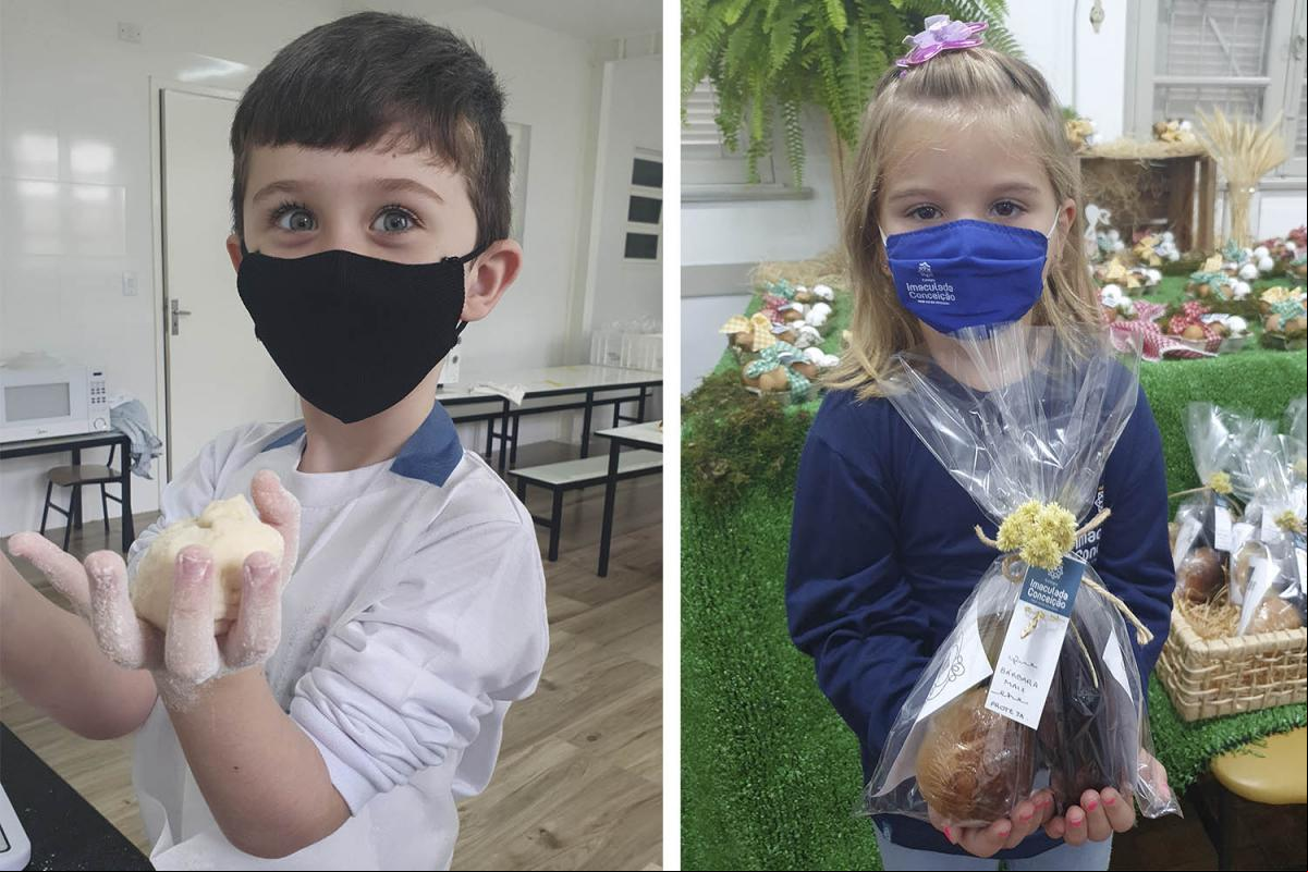 Alunos ajudaram na preparação dos pãezinhos e na montagem dos kits Alunos ajudaram na preparação dos pãezinhos e na montagem dos kits