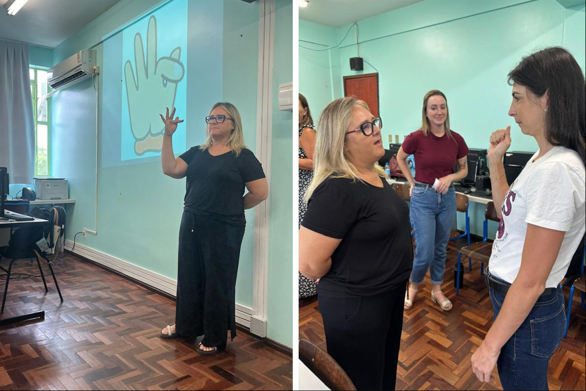A professora e intérprete de Libras Alessandra Born Berg é responsável pela formação continuada de Libras com os profissionais da educação A professora e intérprete de Libras Alessandra Born Berg é responsável pela formação continuada de Libras com os profissionais da educação