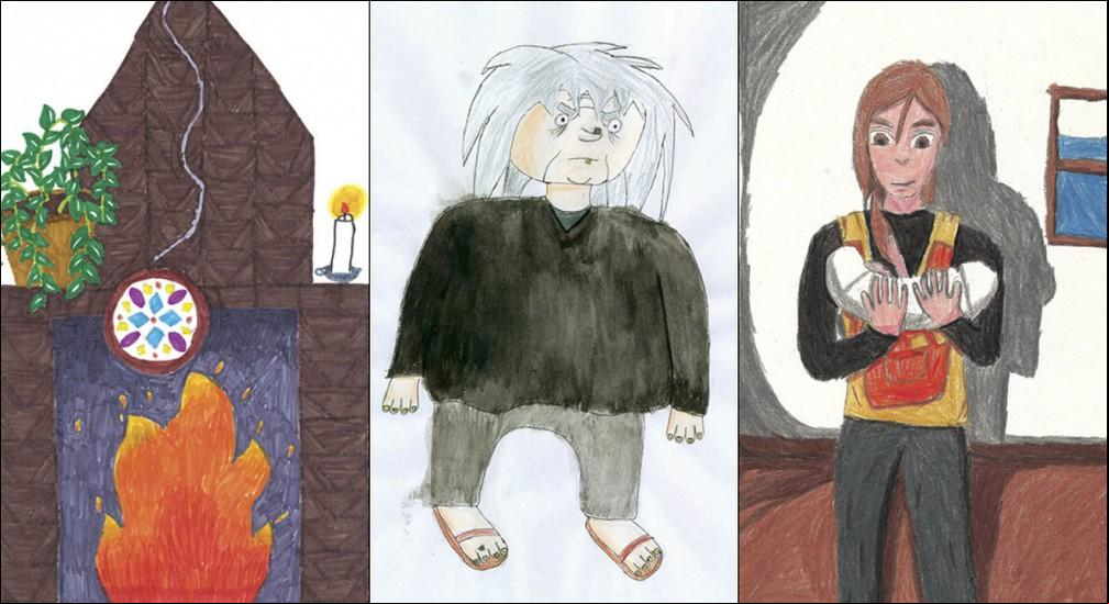 Montagem das ilustrações feitas por Maria Clara, Theo e Gabriel